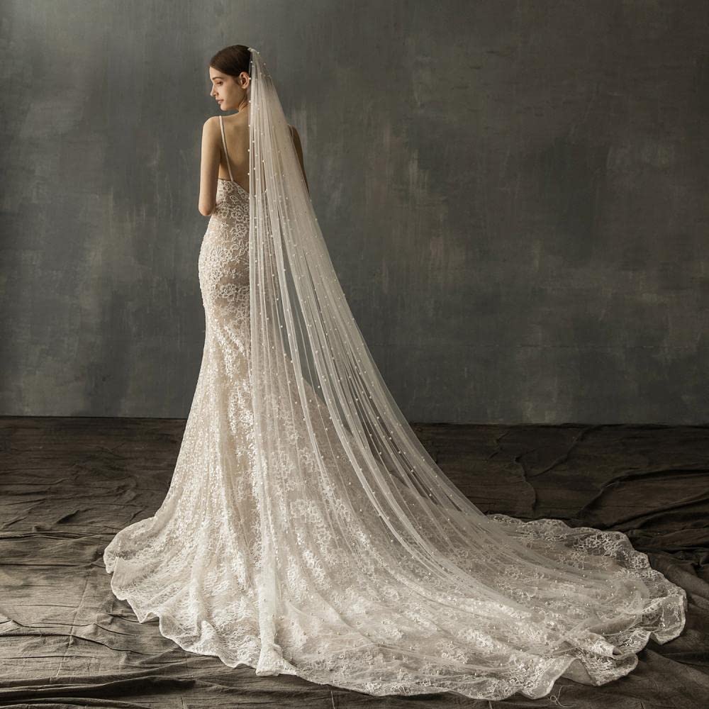 PALAY Pearls Veil for Wedding Bride, 7.5ft Long Wedding Veil with Comb, 1 Tier Drop White Bridal Veil for Wedding, Soft Tulle Long Cathedral Veil PALAY Pearls Veil for Wedding Bride, 7.5ft Long Wedding Veil with Comb, 1 Tier Drop White Bridal Veil for Wedding, Soft Tulle Long Cathedral Veil